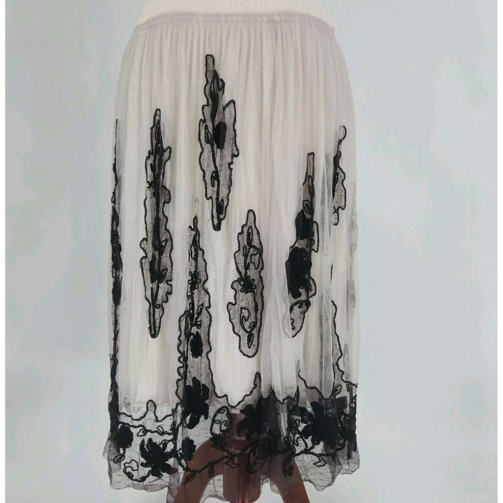 Chan Luu Ivory Black Embroidered Tulle Midi Skirt XS S Fairycore Whimsigoth